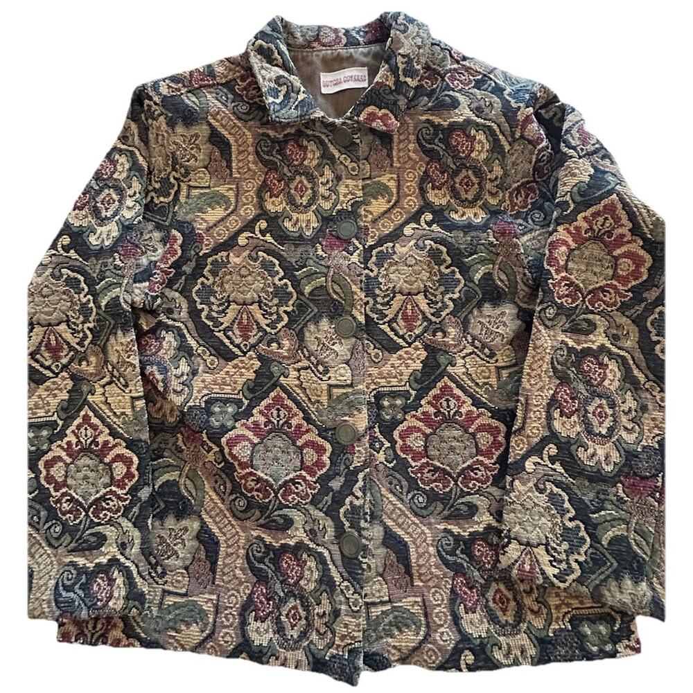 Gotcha Covered Jacket Sz Medium Brown Tapestry Chunky Floral Blazer 90s made USA